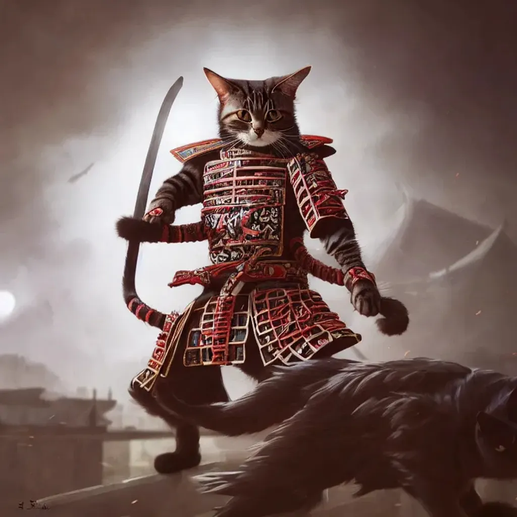 Prompt: A cat in full samurai regalia stand up on his back legs hypersonic, 8k, stunning quality, octane render, trending on artstation, sharp focus, studio photo, intricate details, highly detailed, by greg rutkowski andMicheal Whelan and Julie Bell