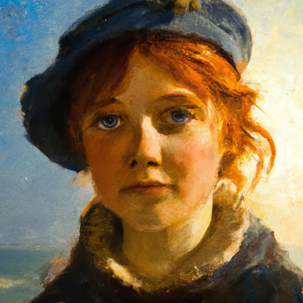 Prompt: cosy, professional Painting, cute red haired, Young, amish woman,  Messy Hair, detailed face, detailed lips, detailed nose, looking at the viewer, in the sea,  sun rays, s, by Pierre-Auguste Renoirb, nostalgic lighting, centered