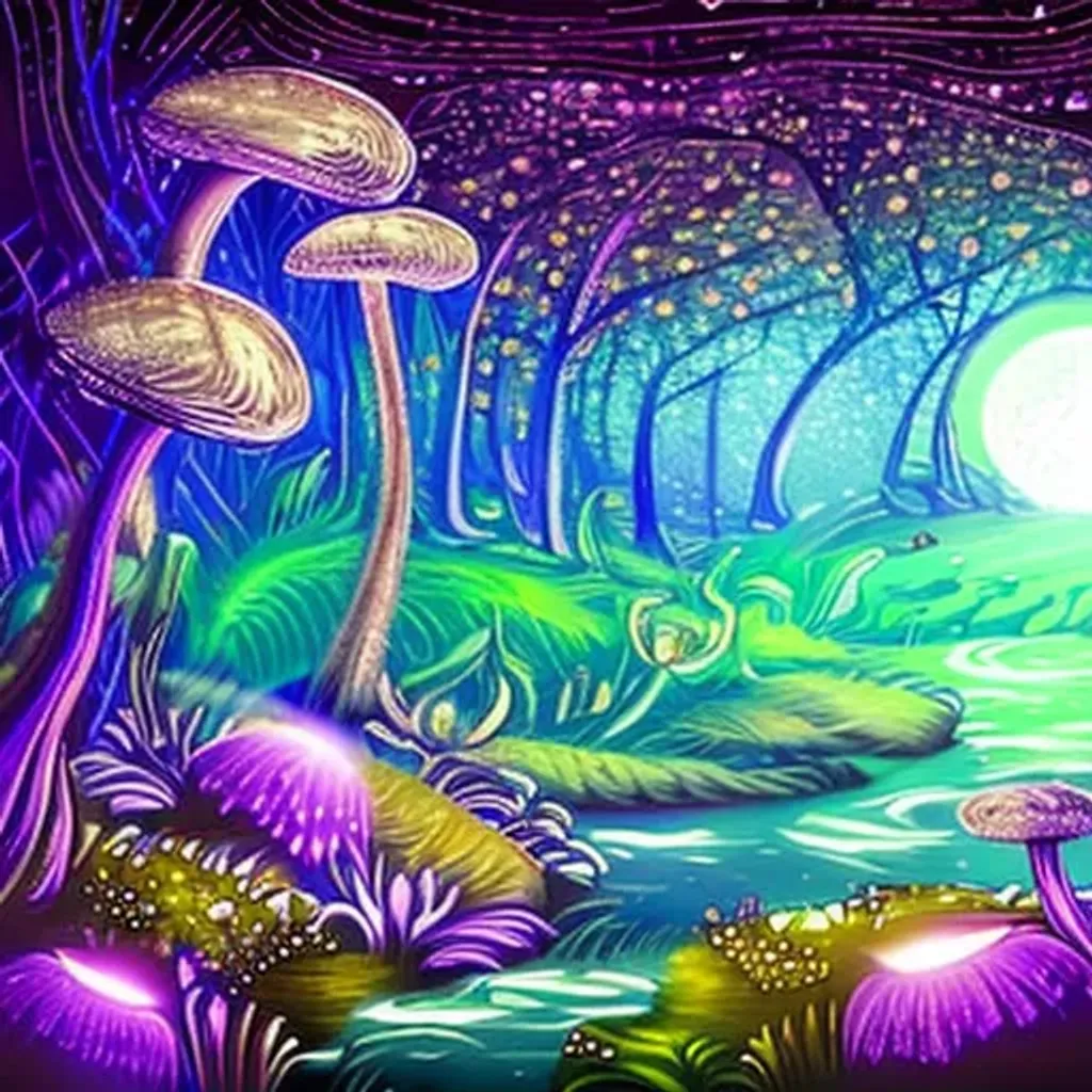 Prompt: fantasy forest with glowing mushrooms and plants, purple aura, tiny fairies, nighttime, starry sky, intricate detail, high quality