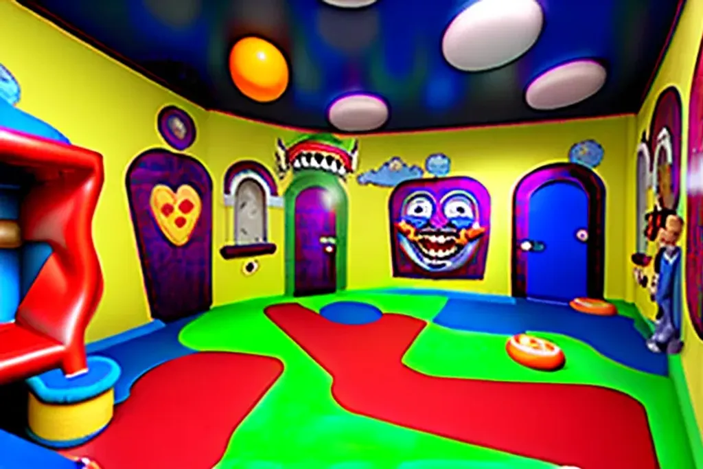 Prompt: a realistic 8K high definition paneramic of the "Nostalgic Funhouse" level in a virtual environment. The funhouse is depicted as having a colorful, cartoonish appearance, but with disturbing and nightmarish elements. The environment includes an infinite soft play area with bouncy castles and tube slides, as well as an open tunnel. The style is described as being "childish, horrifying, hellish, colorful, liminal, unsettling,  nostalgic, nightmarish ,abnormal, abandoned, " with influences of abstract expressionism and parallax. The overall look is meant to be hyper realistic and captured in 8K high definition.