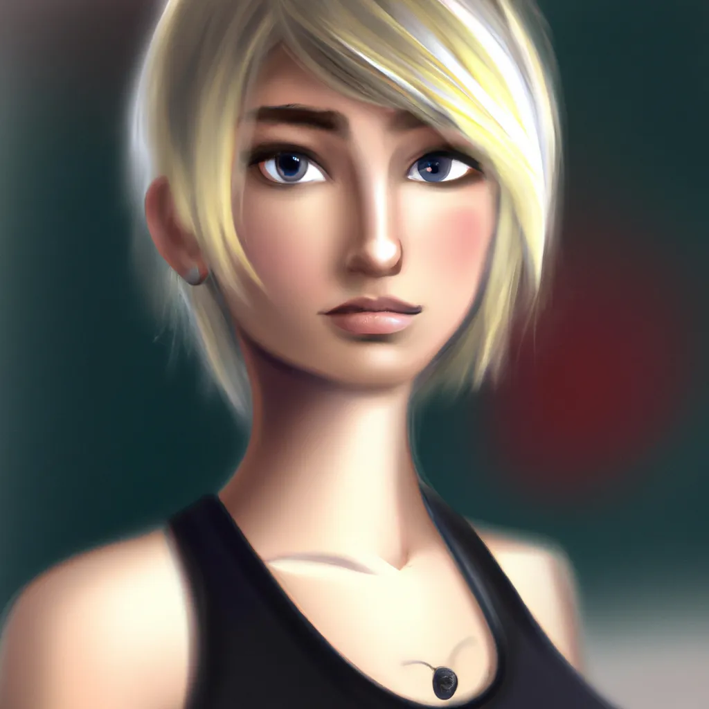 Prompt: portrait of a  17 years old girl with short blond hair and green eyes  wearing a black crop top , spontaneous, highly detailed, digital painting, artstation, concept art, smooth, sharp focus, illustration