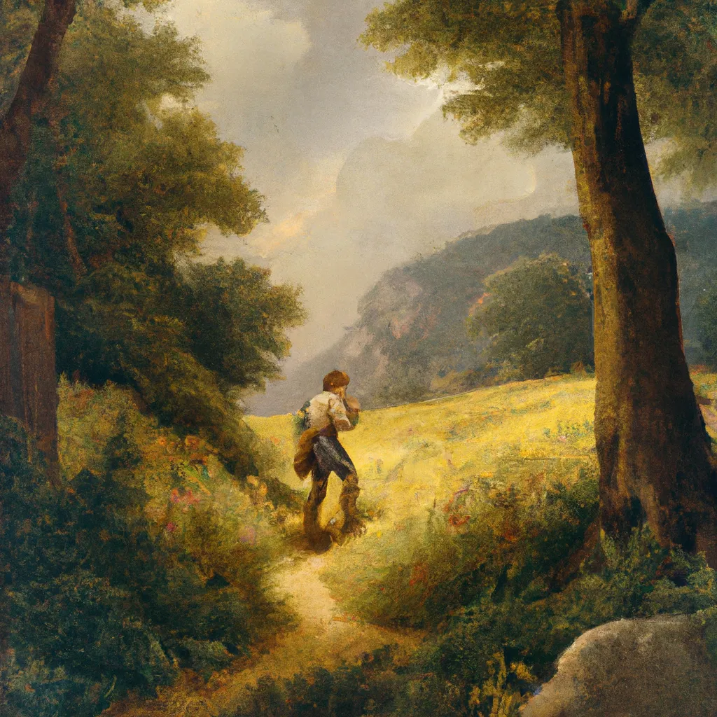 Prompt: 1800s painting of a man making his way out of a deep jungle, and entering a bright meadow