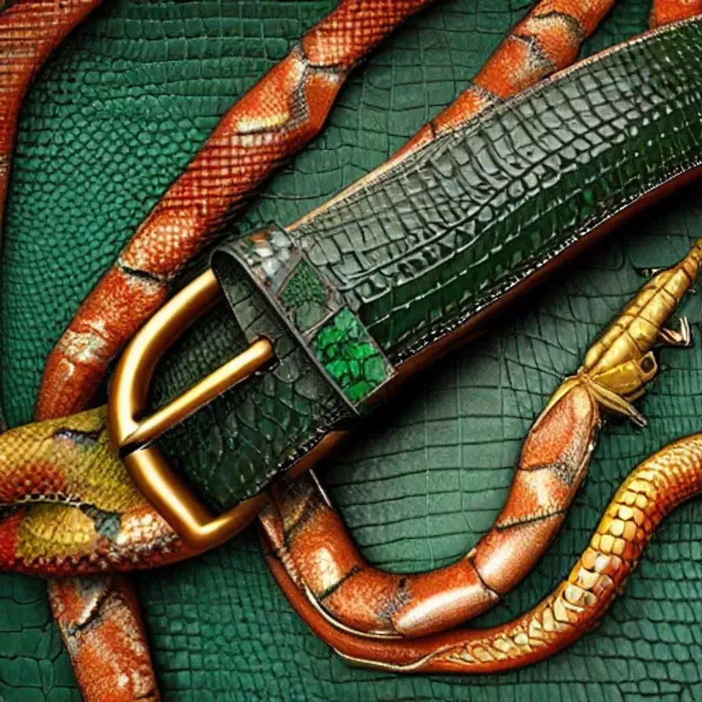 Prompt: Octane render 3d 4k image of a hunter green dyed leather snakeskin men's belt with a large gold scorpion of solid gold and crushed rubies  twisting against each other BUCKLE