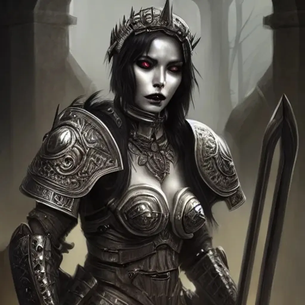 Prompt: A highly detailed portrait of an undead woman in heavy armor, short black hair,  beautiful, intricate, unreal engine, medieval, highly detailed, centered, digital painting, concept art, smooth, sharp focus, illustration, artgerm