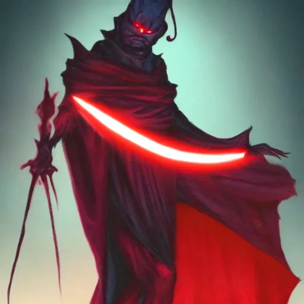 Prompt: Fully Cloaked Goblin with Glowing Red Eye Through a cape. Sinister. Gold Pile Mad INSANE. D&D.