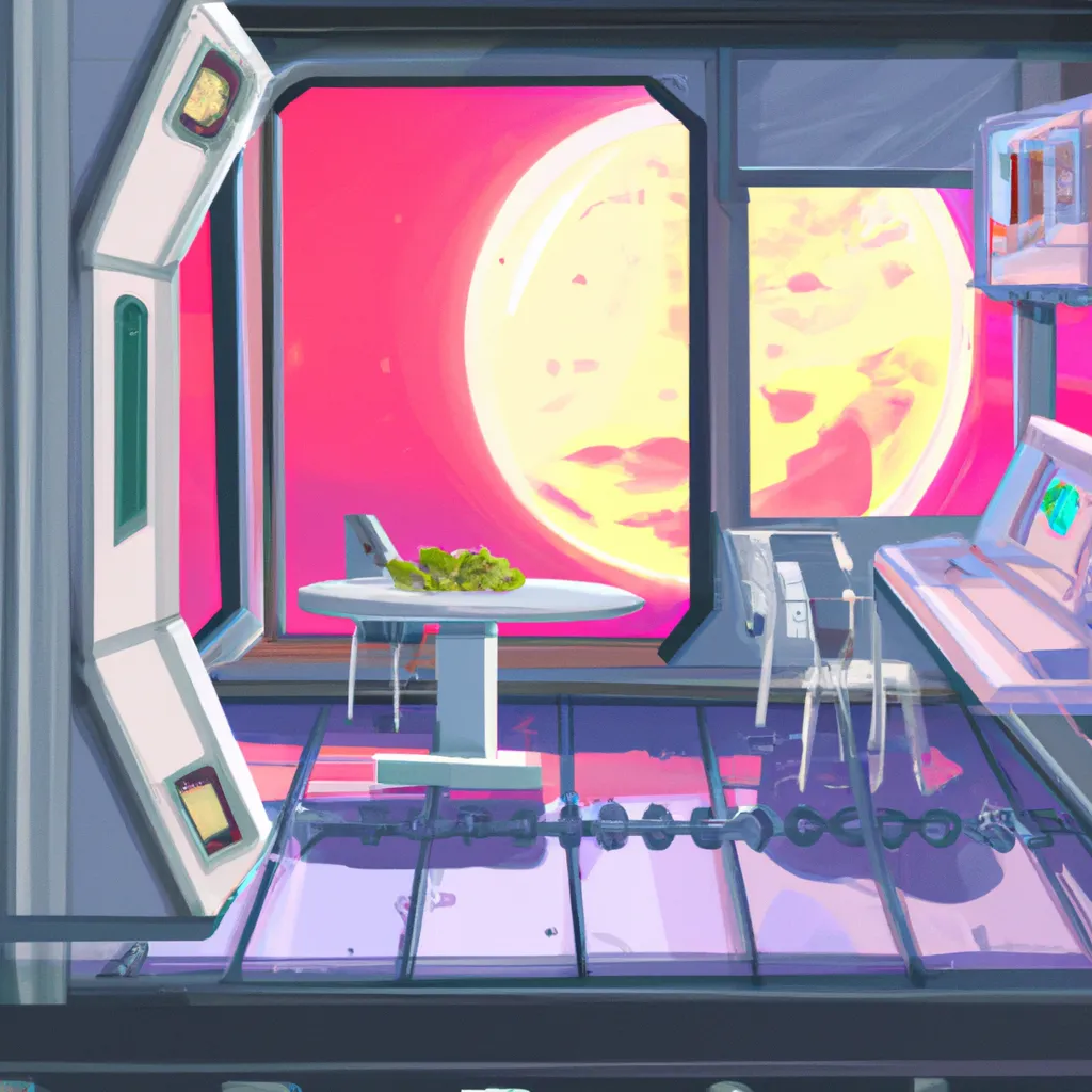 Prompt: A  futuristic space station, realistic painting, moon outside the window. Neon lights, futuristic, spaceship diner.