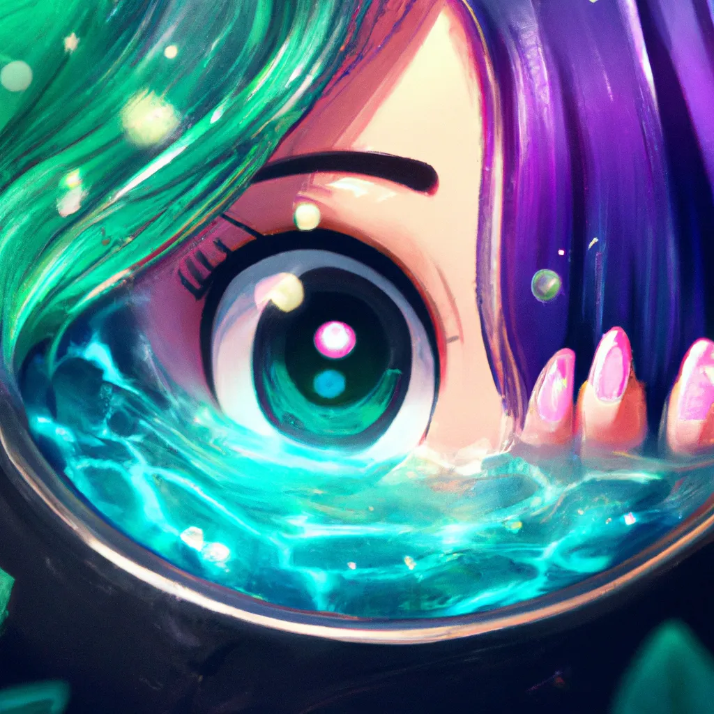 Prompt: Key Disney Visual  Of A cauldron opening up a portal into the ocean where you see a  happy anime mermaid with blue hair swimming past green sea weed waving happily at you, green tail  purple cauldron, Digital art, trending on artstation, Photorealistic Illustration, anime key visual, cinematic, Ultra Detailed , trending on pixiv, kawaii eyes , blue colour pallete