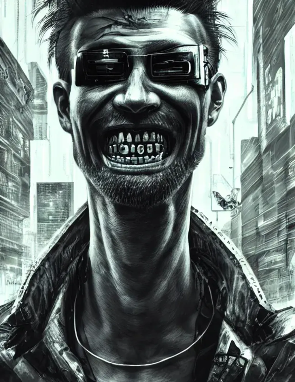 Prompt: Extremely detailed portrait of ugly cyberpunk gangster man with random hair with sadistic smile, extremely detailed rotten cyberpunk street background , grey anc green light , hyperrealistic , 8k, high quality, concept art, trending on artstation, sharp focus, studio photo, intricate details, hyper detailed