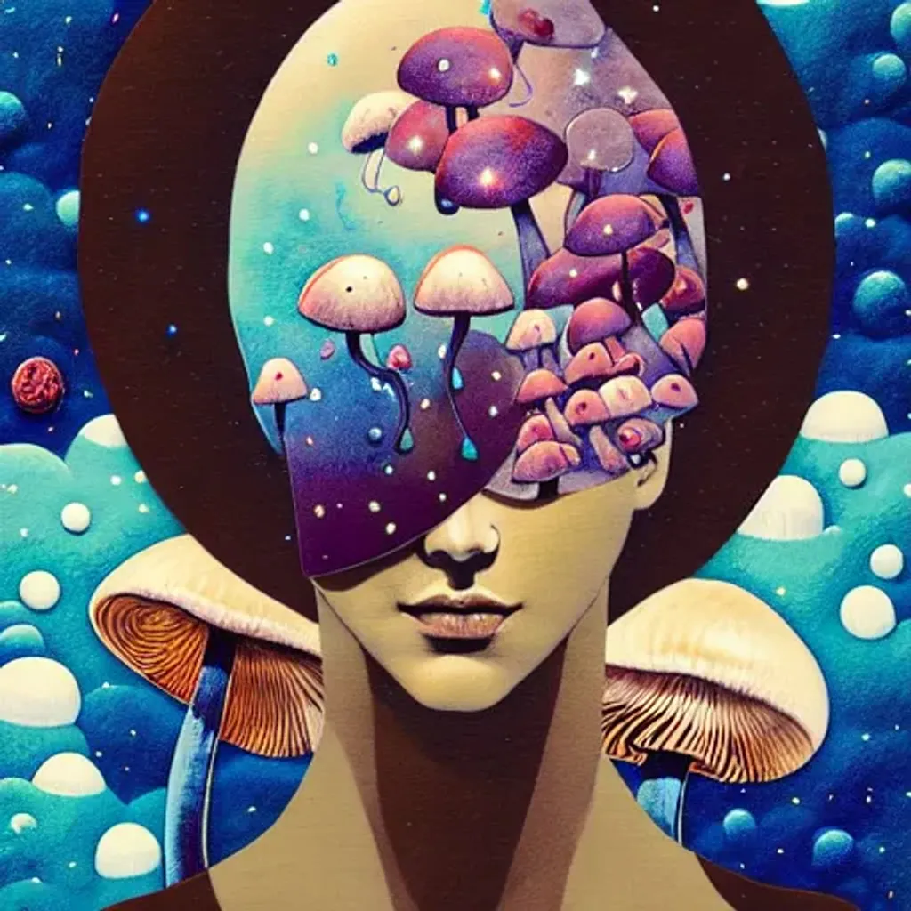 Prompt: Felt fabric portrait by Ryan Hewett, Beautiful woman with dark brown skin, mushrooms growing out of her hair, hq, fungi, celestial, portrait, victo ngai, moon mushrooms, galaxy, moon, stars 