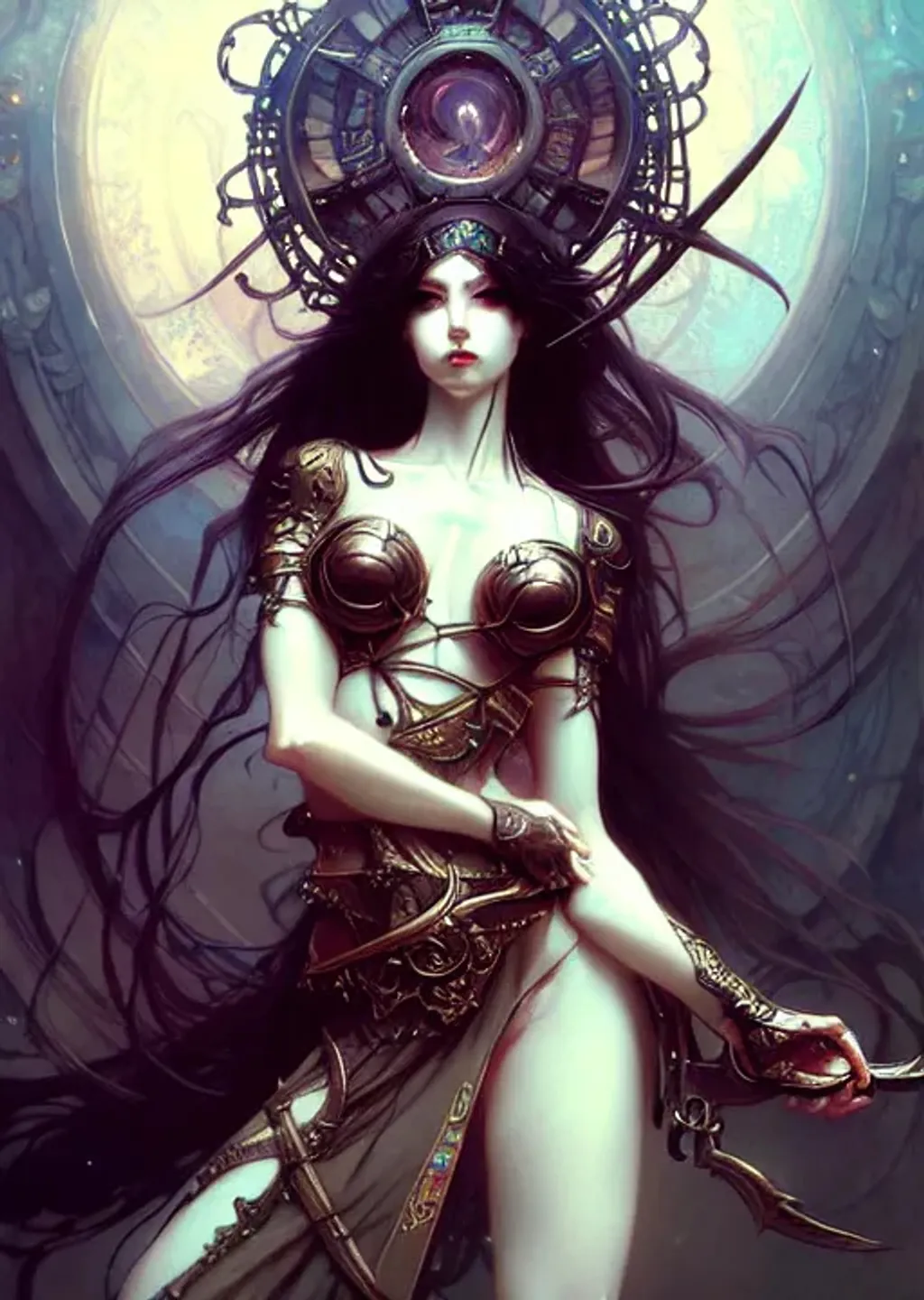 Prompt: heavy metal fantasy, fantasy magic, pretty face, intricate, sharp focus, illustration, highly detailed, digital painting, concept art, matte, art by WLOP and Artgerm and Greg Rutkowski and Alphonse Mucha, art by luis royo, masterpiece