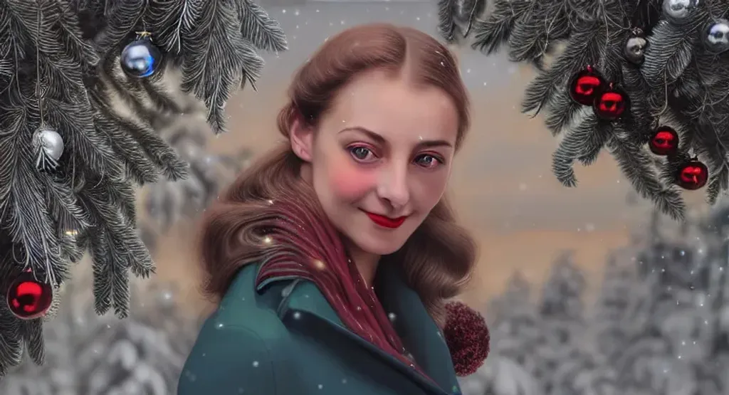 Prompt: young woman, attractive, elegant, confident, optimistic, smiling, indigo pine red fulvous silver photorealistic beautiful big eyes, heavenly look, highly detailed modern Christmas style clothing, fine skin details, by Theodor von Holst, Edwin Landseer, Winter, snowflakes, poinsettia,  Vintage photograph, portrait painting, global illumination, occlusion, volumetric lighting, volumetric mist, sharp focus, 128K UHD Poser, octane 