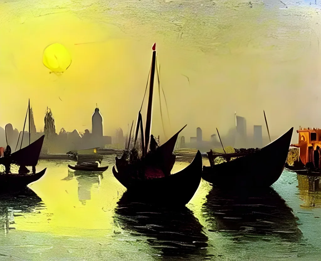Prompt: beautiful painting of dubai creek arabs crowded on small boats water ripples reflections gazing sunlight pale colour scheme edward hopper canaletto