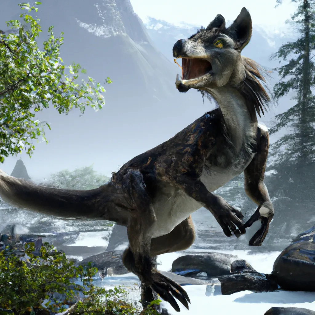 Prompt: a dinosaur chimera look similar to a wolf. Snaiad, creature inspired from C.M Kosemen, pre-historic, view of full body, Full shot, Long shot, speculative evolution. Highly realistic, accurate anatomically correct paleoart, ultra-realistic CGI representation,  hyperrealistic, award-winning wildlife photography,  4k, trending on artstation, staged photography , scientifically correct
