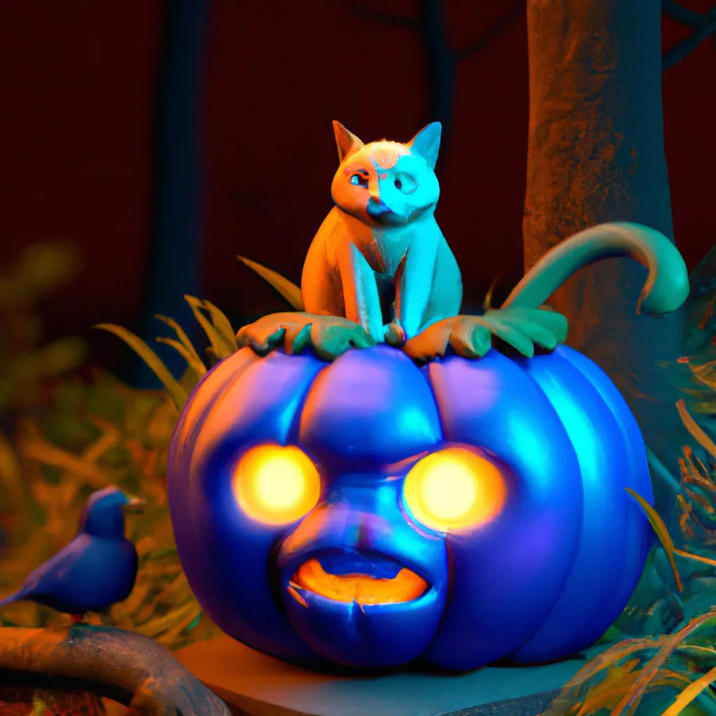 Prompt: cute 3D render of a colourful pumpkin head in a clay style, glowing eyes, with a small black witch cat beside, a frontal view, blue spooky forest background, substance 3d painted, blender, smooth texture, high resolution, trending on behance.net, by Carlos Behrens