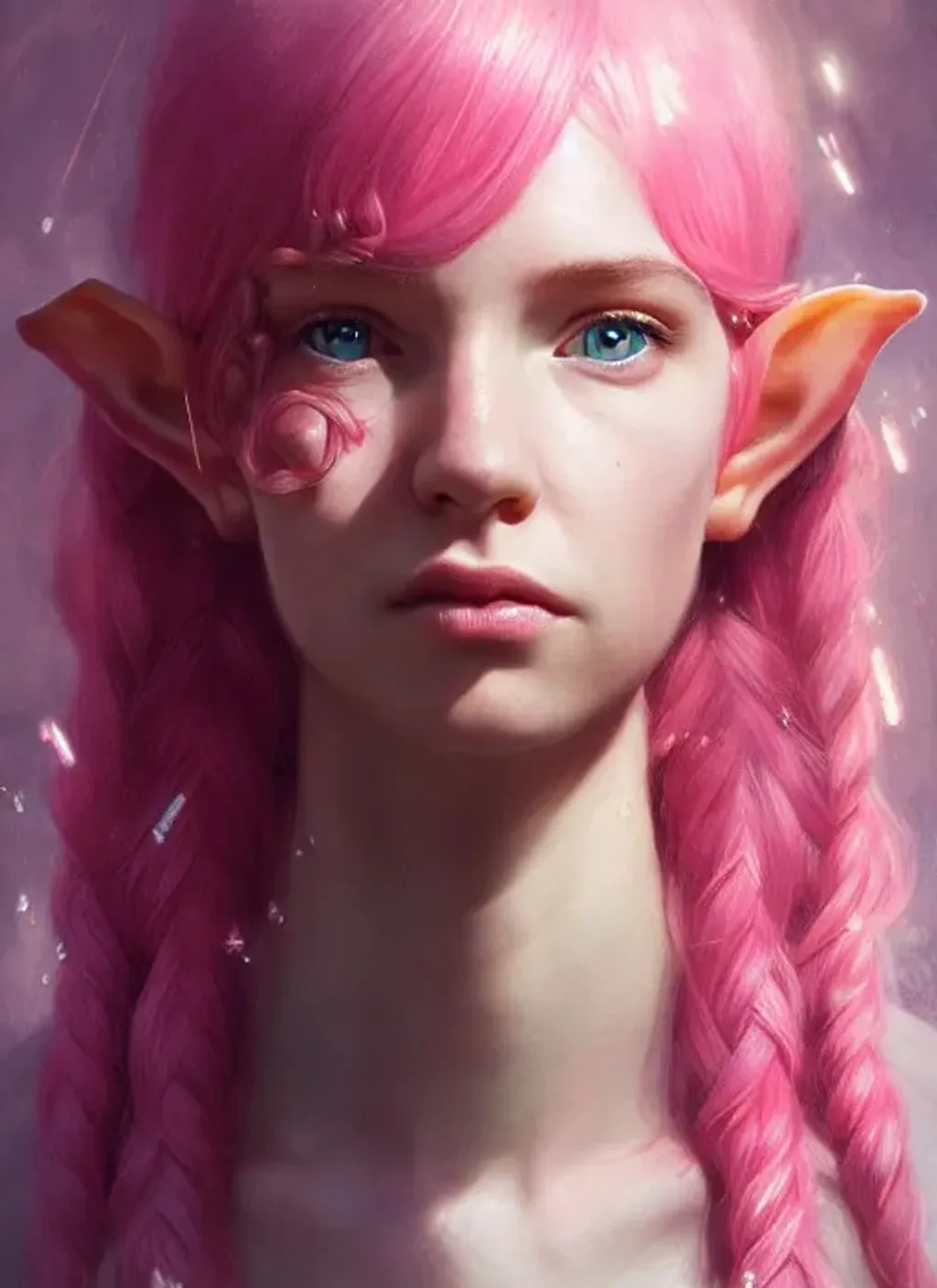 Prompt: Portrait of elf with pink intricate hair and with cute face,  perfect composition, hyperrealistic, super detailed, 8k, high quality, trending art, trending on artstation, sharp focus, studio photo, intricate details, highly detailed, by greg rutkowski