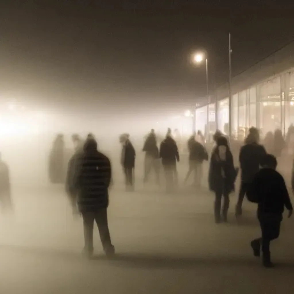 Prompt: liminal space mall with people in the fog at night