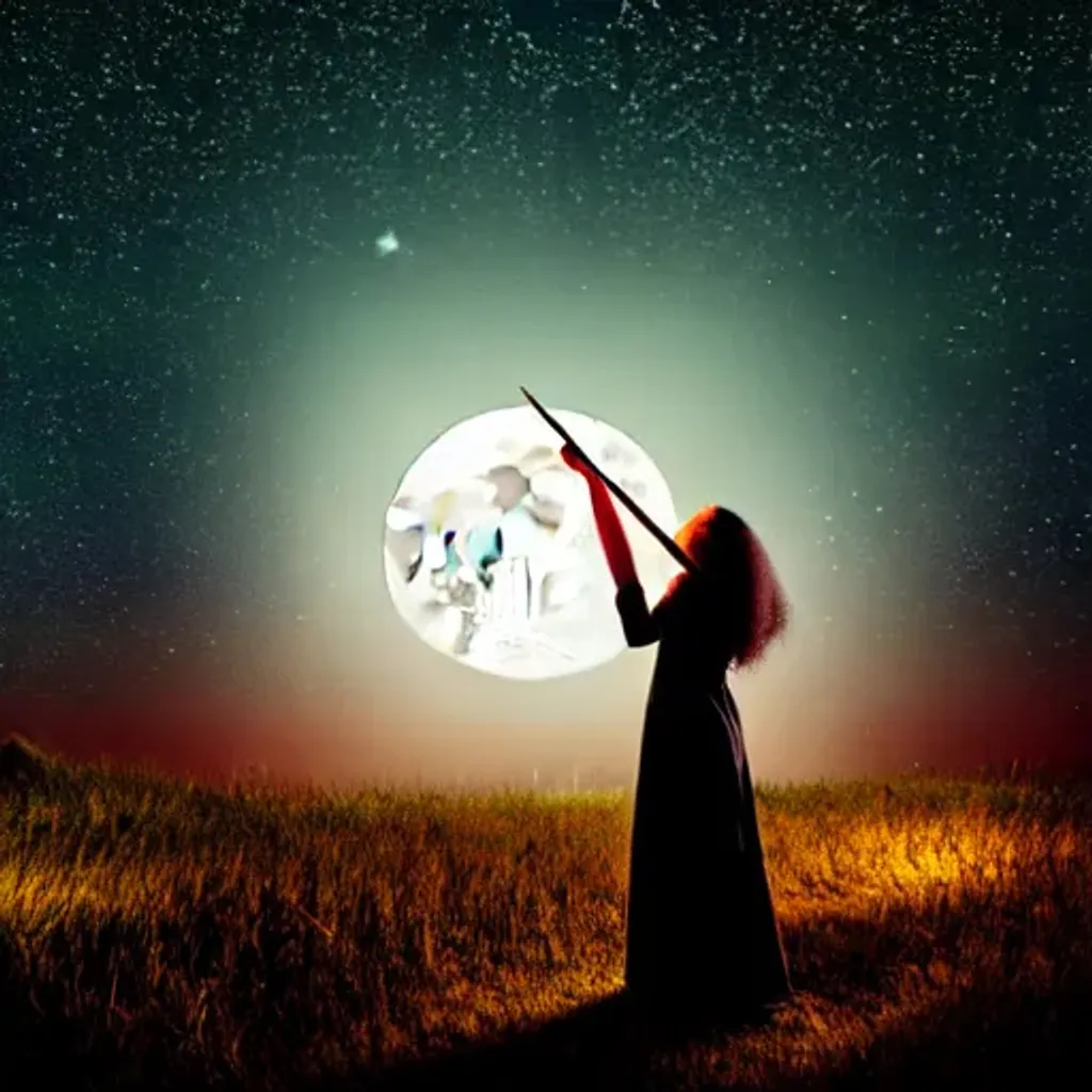 Prompt: A strange and beautiful young woman who is casting magical spells under a full moon with shooting stars in the sky 