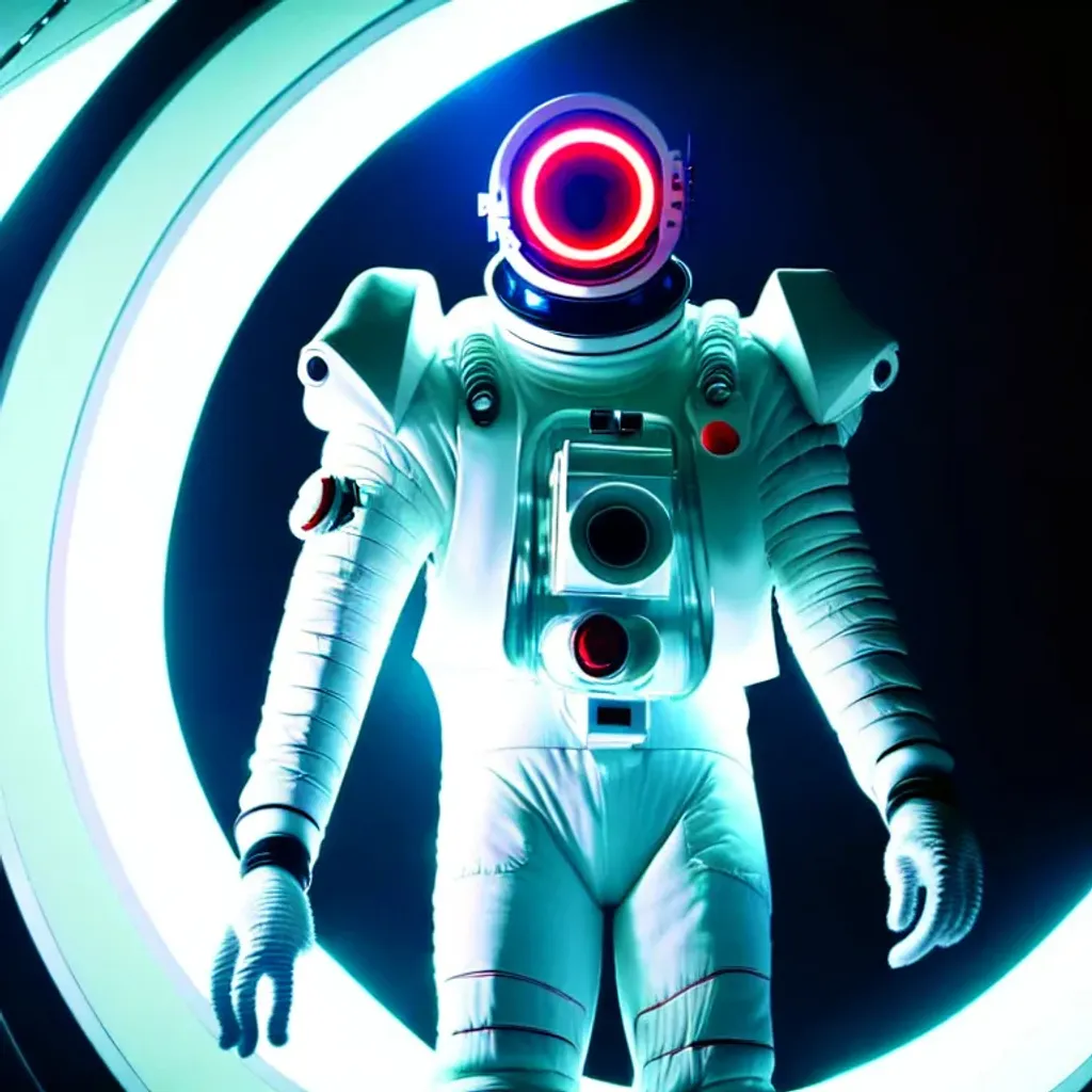 Prompt: Wide angle of a white Futuristic Cyberpunk Space Suit, confidently facing towards the camera with swagger,Cinematic Stanley Kubrick movie still with the iconic big circular ring lights in the background, 8K, digital art, unreal engine 5 render, octane render, photorealistic, photography, professional lighting and composition, award winning, intricate details, iconic movie shot by Stanley Kubrick with ring lights