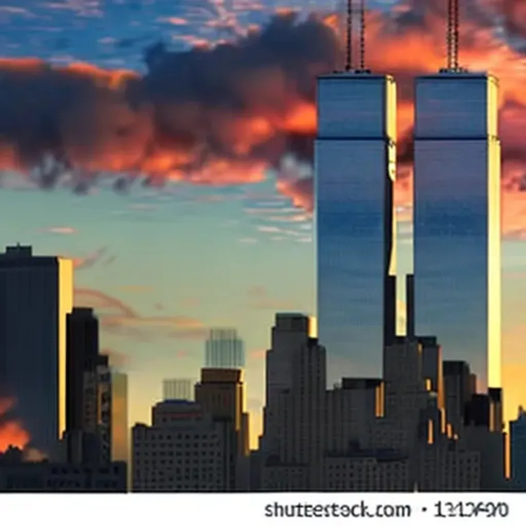 Prompt: Twin towers, 4k, HDR, Hyper realistic, High detail, Volumetric clouds with hyper realism and detail, Sunset, Orange glowing sun, Wide angle, 4k, HDR, New york 
