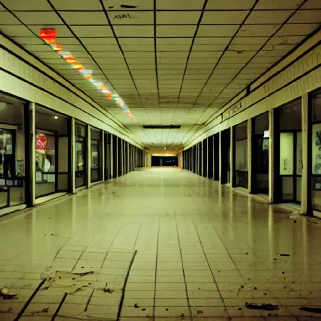 Prompt: liminal empty abandoned mall at night, abandoned stores, messy floor with garbage, dark halls