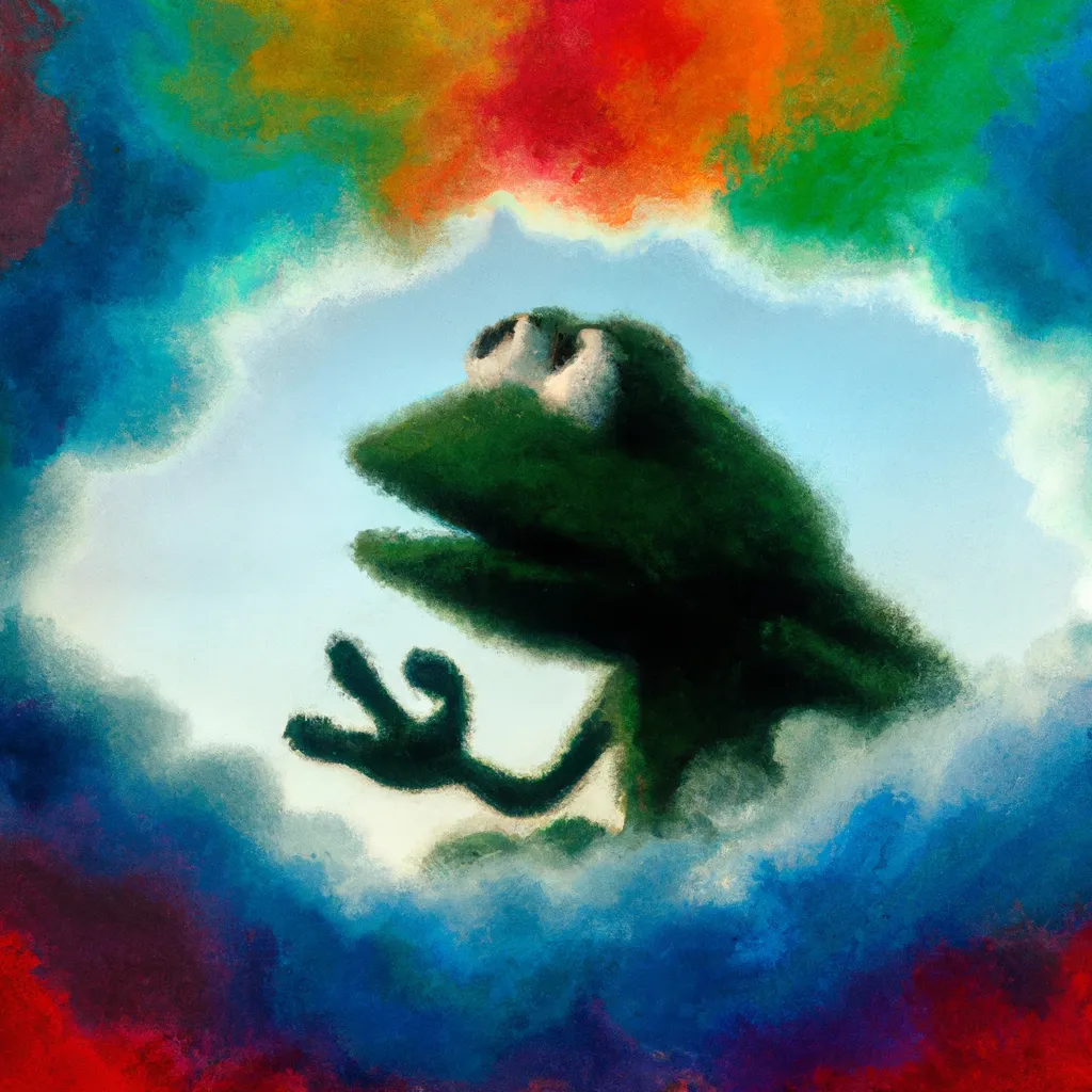 Prompt: A mysterious Kermit the frog as a rainbow cloud, cinematic, oil painting, Award-Winning, masterpiece 