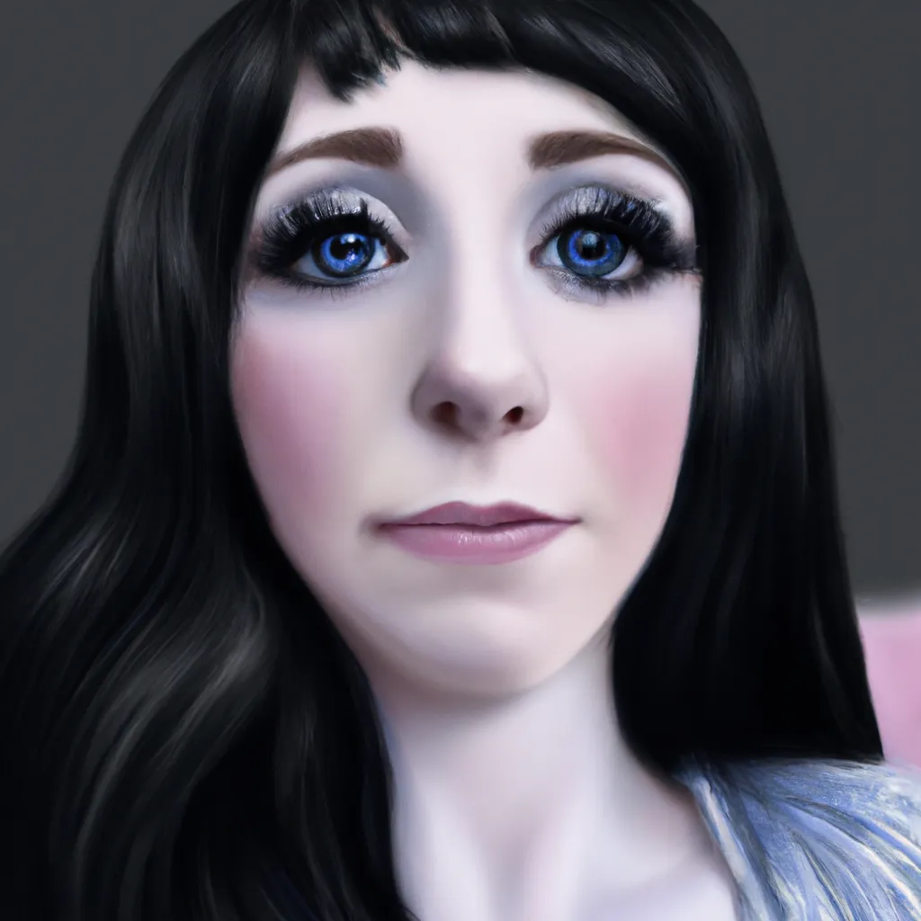 Prompt: Digital portrait of a beautiful woman with big blue eyes and bags under her eyes, black long hair and pale skin, digital art, 3D digital oil painting