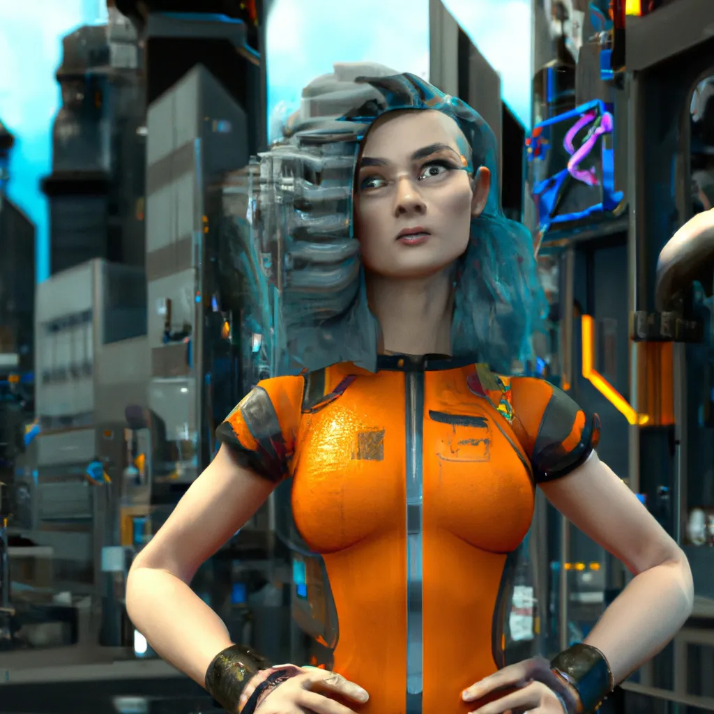 Prompt: 3D ultra detailed Maya Cinema4D DazStudio render, dirty neon cyberpunk city in background, Lira Duccat is the captain and engineer of the Starship Azimuth, she has turquoise messy wavy curly medium short length hair. Russian descent, high cheekbones, rugged yet kind face. Toned muscular build. Orange white gray dieselpunk cyberpop solarpunk outfit.