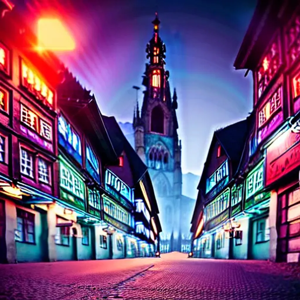 Prompt: Cyberpunk German city with mecha suits roaming the streets, city plaza, giant flatscreen televisions with graphics, medieval German architecture, German gothic church, German timber frame buildings, cobblestone streets, broad light, wide angle, over the shoulder point of view, futuristic German city, bloom lighting effect, highly detailed, picturesque, romantic, vivid colors, European city