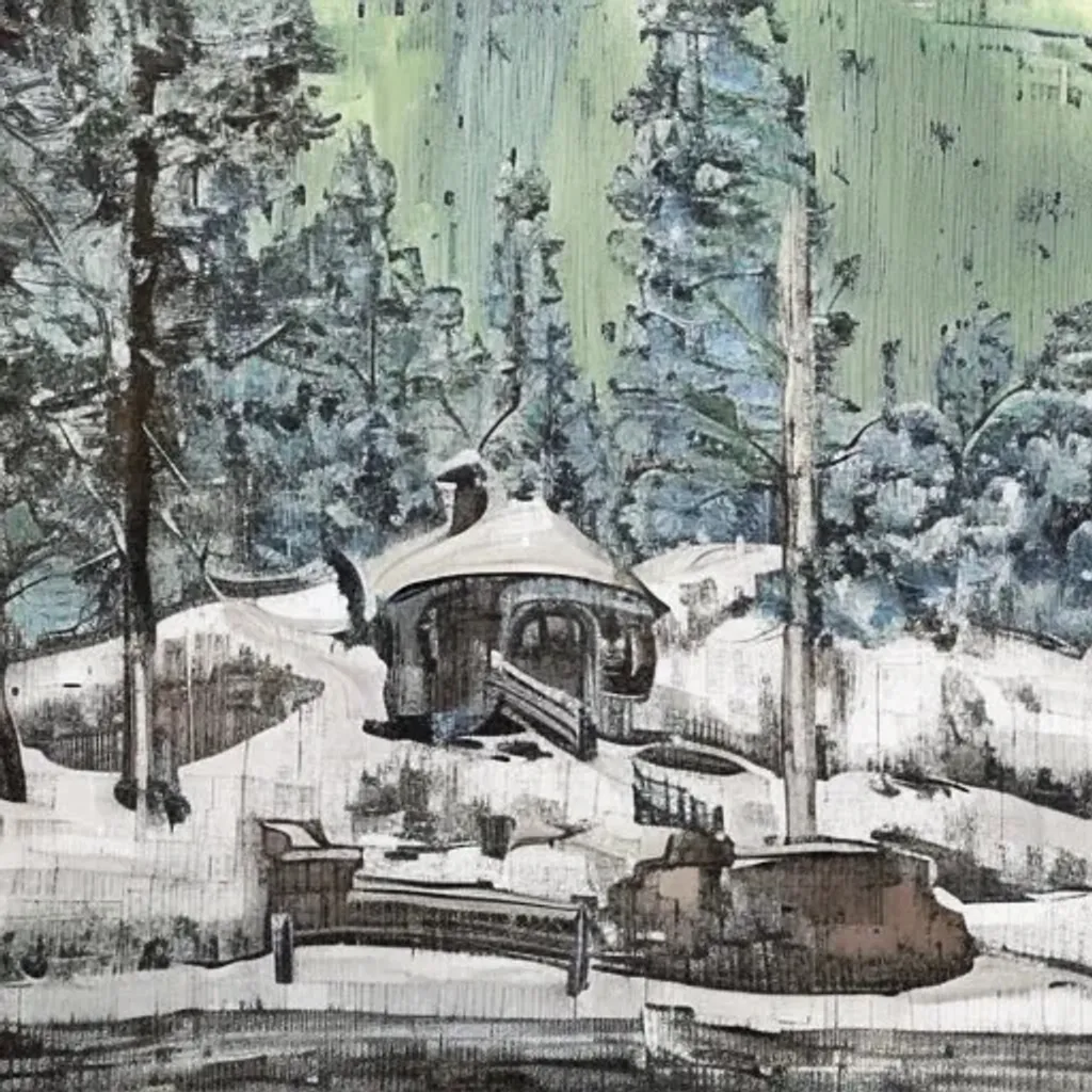 Prompt: Painting of a hobbit home surrounded by tall pine trees