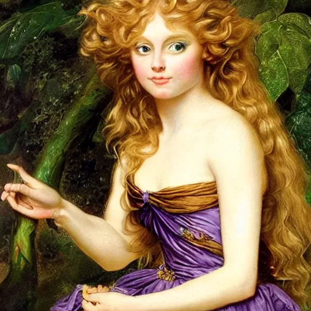 Prompt: Oil painting, portrait of an elegant fairy, flowing golden-brown hair, purple eyes, green dress, colorful, very detailed, by Anne-Louis Girodet