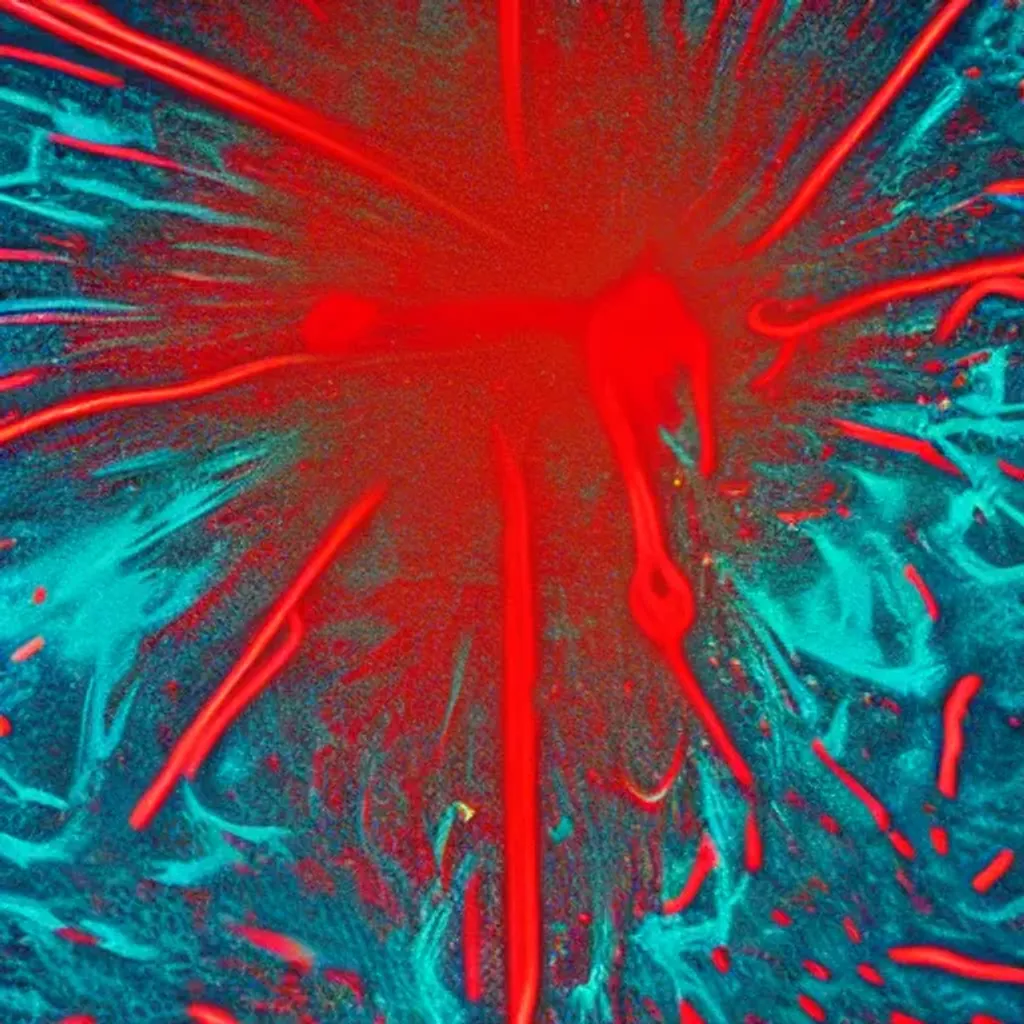 Prompt: bright neon red, ambiguous splashed on Teal Dark Matter.