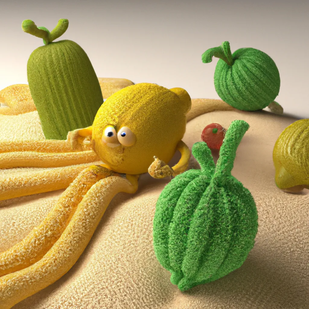 Prompt: 3D yarn-knitted Lemon Guy in an open desert oasis surrounding by other 3D claymation fruits and vegetables