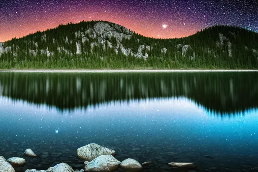 Prompt: long shot scenic professional photograph of a silent lake in the mountains at night, pale light blue moonlight, stars, perfect viewpoint, highly detailed galaxy background, wide-angle lens, hyper realistic, with dramatic sky, polarizing filter, natural lighting, vivid colors, everything in sharp focus, HDR, UHD, 64K, soft colors, natural colors, SF, another world