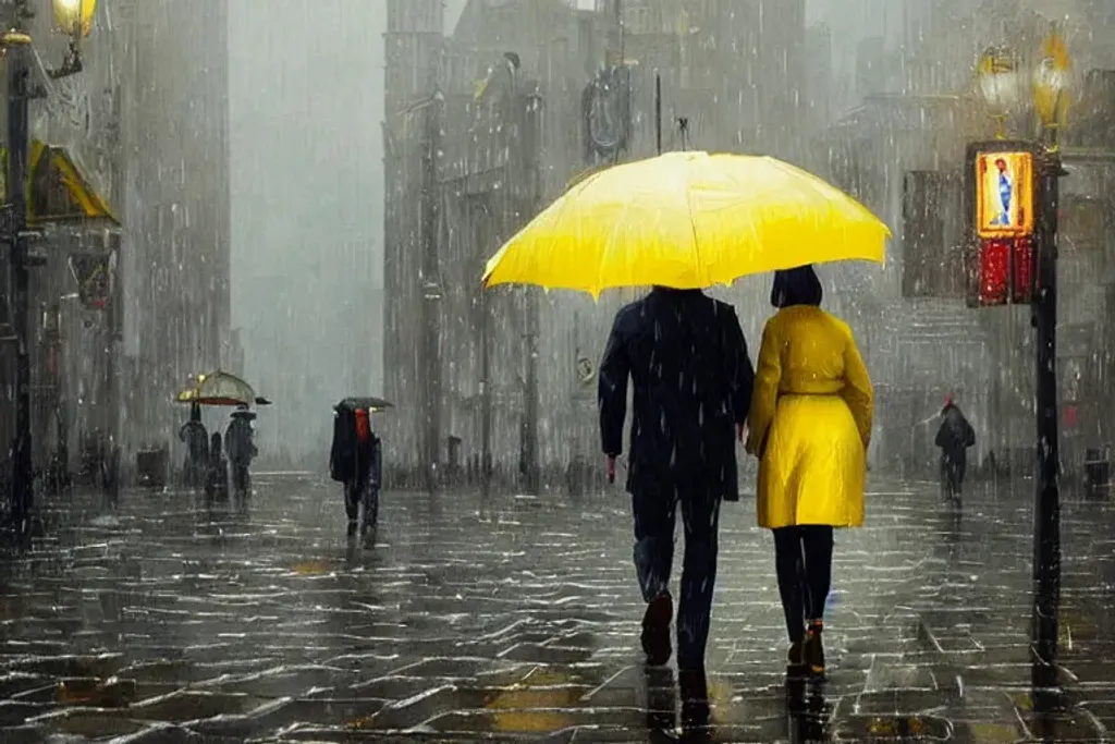 Prompt: digital art of a rainy day, couple walking to street with yellow clothe and black ambrella, trending on artstation, sharp focus, studio photo, intricate details, highly detailed, by greg rutkowski