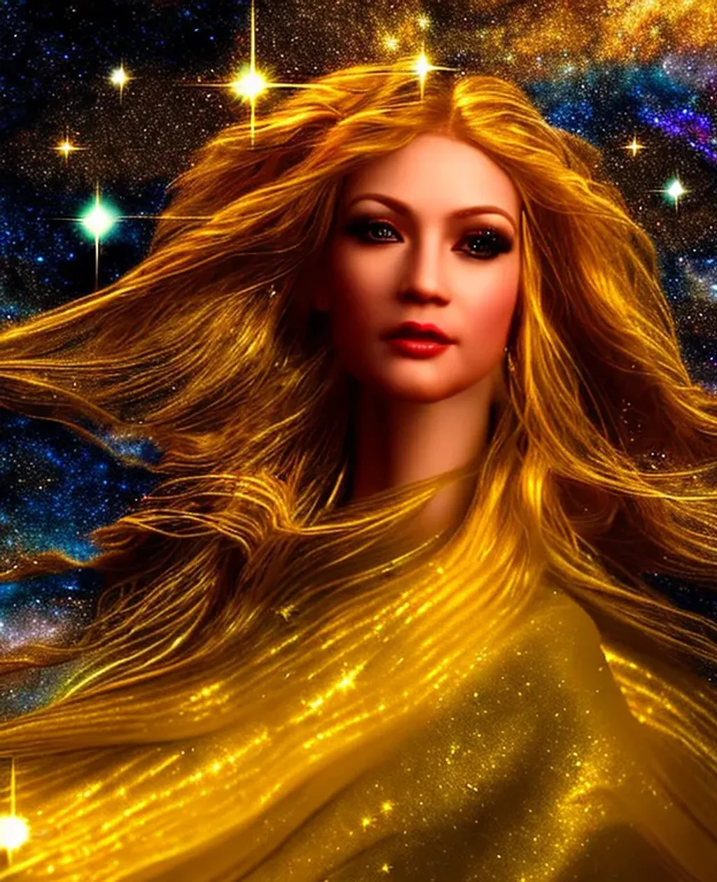 Prompt: epic ethereal digital image portrait of a gorgeous golden space goddess with a Breathtakingly beautiful face long flowing wavy locks of golden hair dressed in a flowing silk golden sparkling gown her hair spinning into sparkling stars floating in star dust and clouds in the milky-way, award-winning cgi, blender, photorealistic, fantastic fantasy imagery, parallax Studios