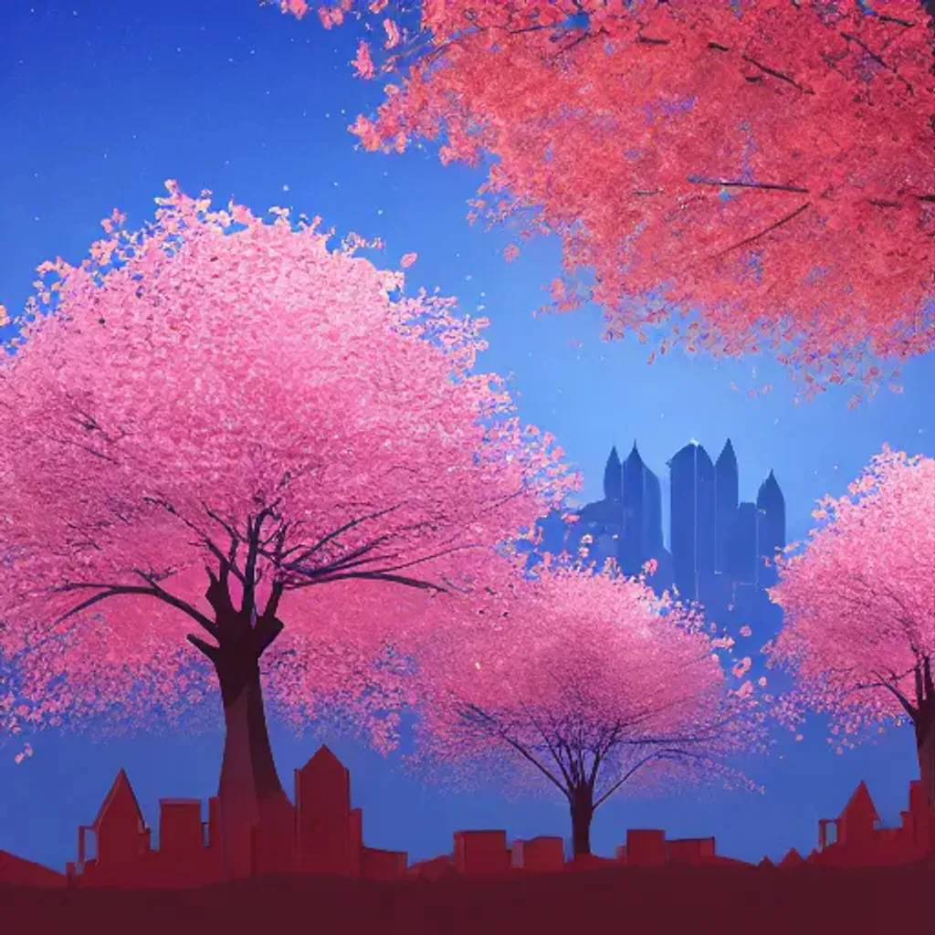 Prompt: three low poly cherry blossom trees on a hill in autumn at night, with city skyline in the background