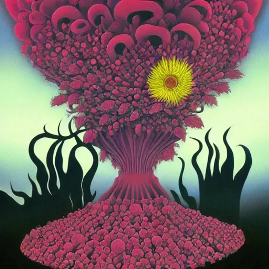 Prompt: Flower of the anger, 
Flower of the questions, impressive surrealist painting by Tim Burton and Sho Murase and eyvind earle. Floral explosion. Rich fauna. Organic biopunk. Dystopian wasteland. Food advertisements.