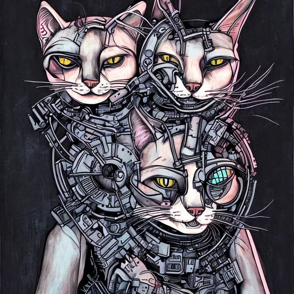 Prompt: cyberpunk cat, detailed , surreal, hq, in the style of Ashley Wood and Moebius and in the style of HR Giger