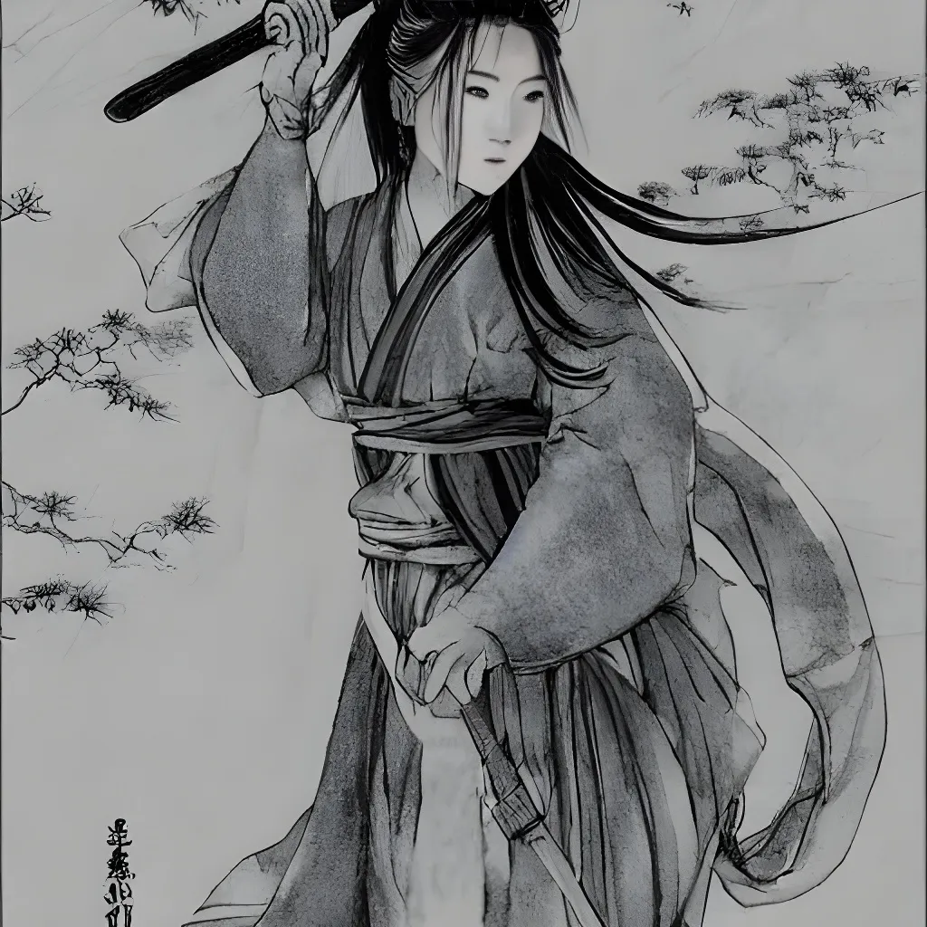 Prompt: An epic fantasy wuxia illustration portrait of a beautiful Chinese female cultivator wearing military hanfu doing a sword dance in the rural mountainside, long hair, full body XIANXIA, manga, Chinese temple, intricate linework, depth of field by Yoji Shinkawa 4k -n 4 -i, pi, artstation, pixiv, artgerm, unreal engine, masterpiece