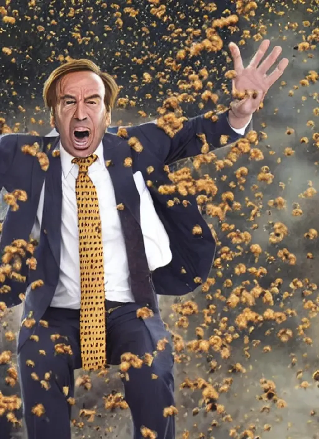 Prompt: Saul Goodman screaming while getting attacked by wasps at court