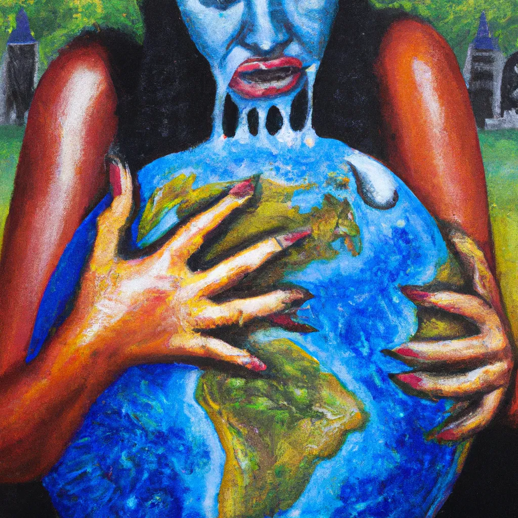 Prompt: oil painting,distorted woman crying the loss of her son while holds the planet earth with her hands, big pointy nails, agony, sadness, horror