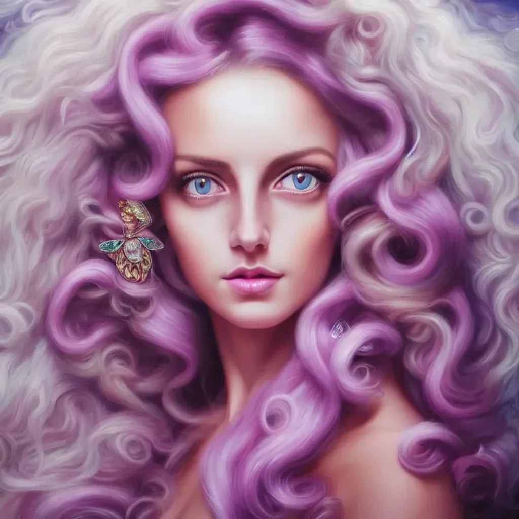 Prompt: oil painting of gorgeous woman | beautiful big eyes  | detailed face|  white dress | pink purple teal  | flowing long curly hair | mythical| elegant| hyperrealism| highly detailed| intricate detailed| volumetric lighting| Anne Stokes 