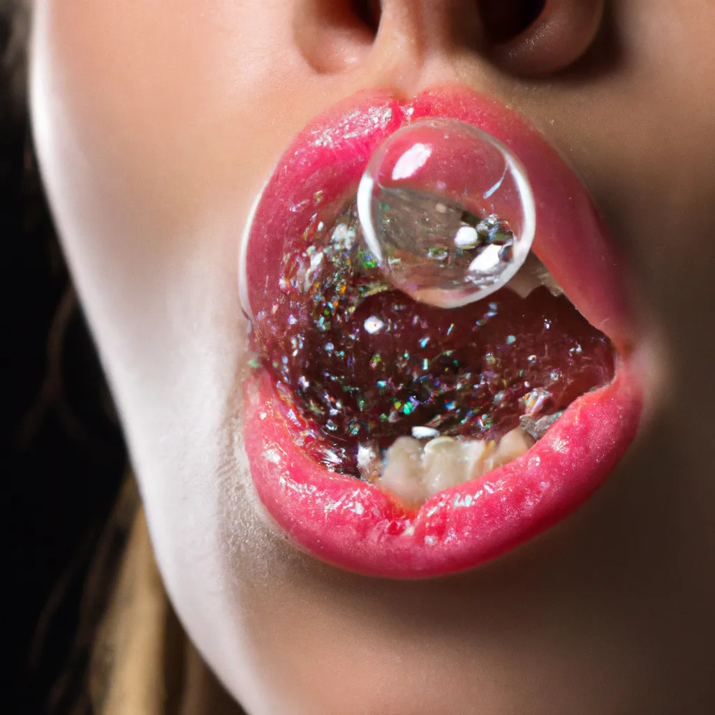 Prompt: Advertisement photoshoot. A beautiful girl is posing with a bubble gum. Girl popping the bubble gum. Photorealistic hyperrealistic close up high speed render. Beautiful smooth contrast, smooth curves, dark background, beautiful highly detailed droplets, reflections and refractions, dark studio backdrop, Beautiful studio lighting, Nikon Z7, ISO 400, Sigma 85mm f4.5 DG DN, aperture f/11, exposure 1/2000, studio lights, centered. 
