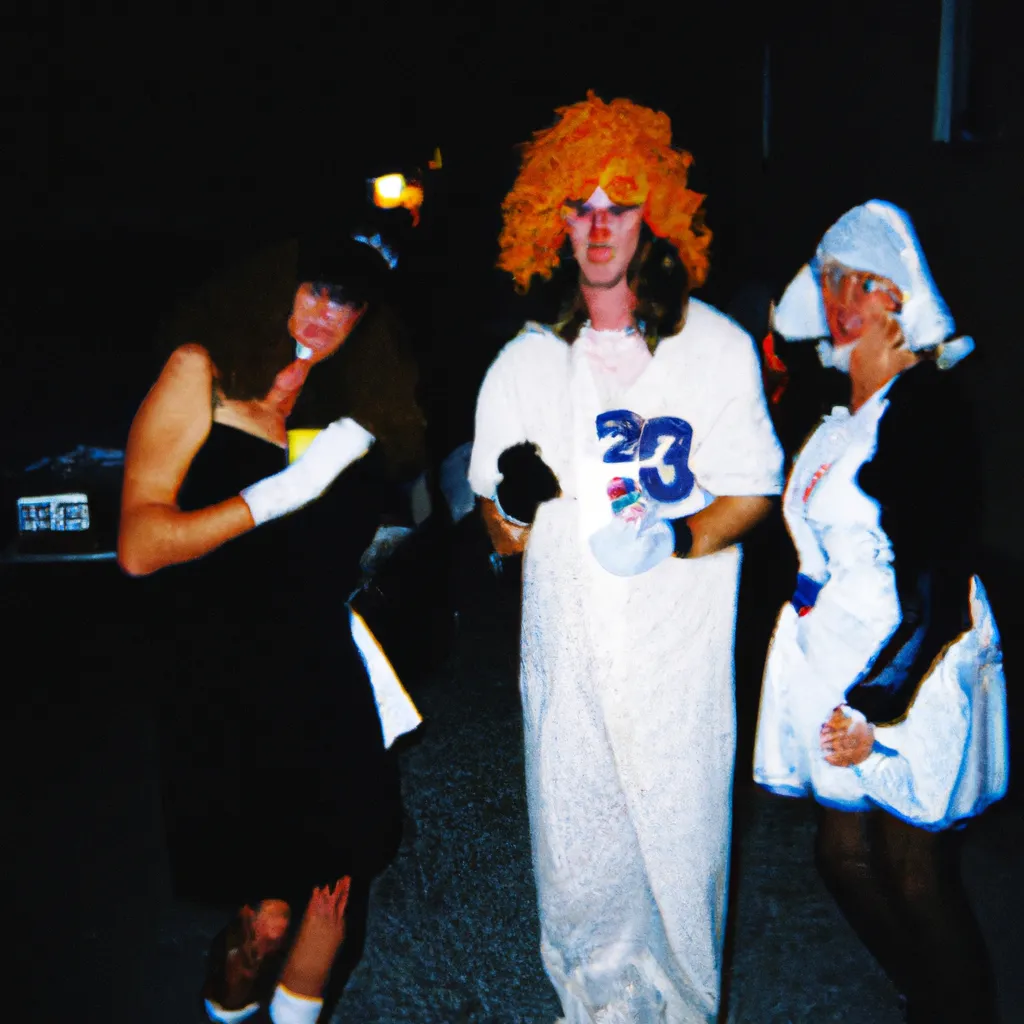 Prompt: 1993 disposable camera photograph of people in holloween costumes in random places 