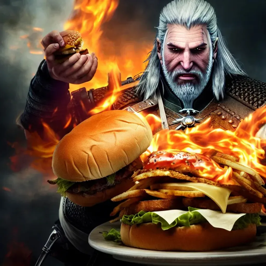 Prompt: HDR,anime style,8k,ultra detailed, intricate details, volumetric lighting, cinematic lighting, masterpiece, award-winning, photorealistic, rule of thirds, majestic, detailed, elegant, realistic shadow, realistic lighting,highly detailed, backlight, solo, portrait; An obese geralt of rivia eating a burger in a burning tavern, background with dragons, fire breath, conflagration, explosions; By mucha, amano yoshitaka, makoto shinkai, greg rutkowski, wlop