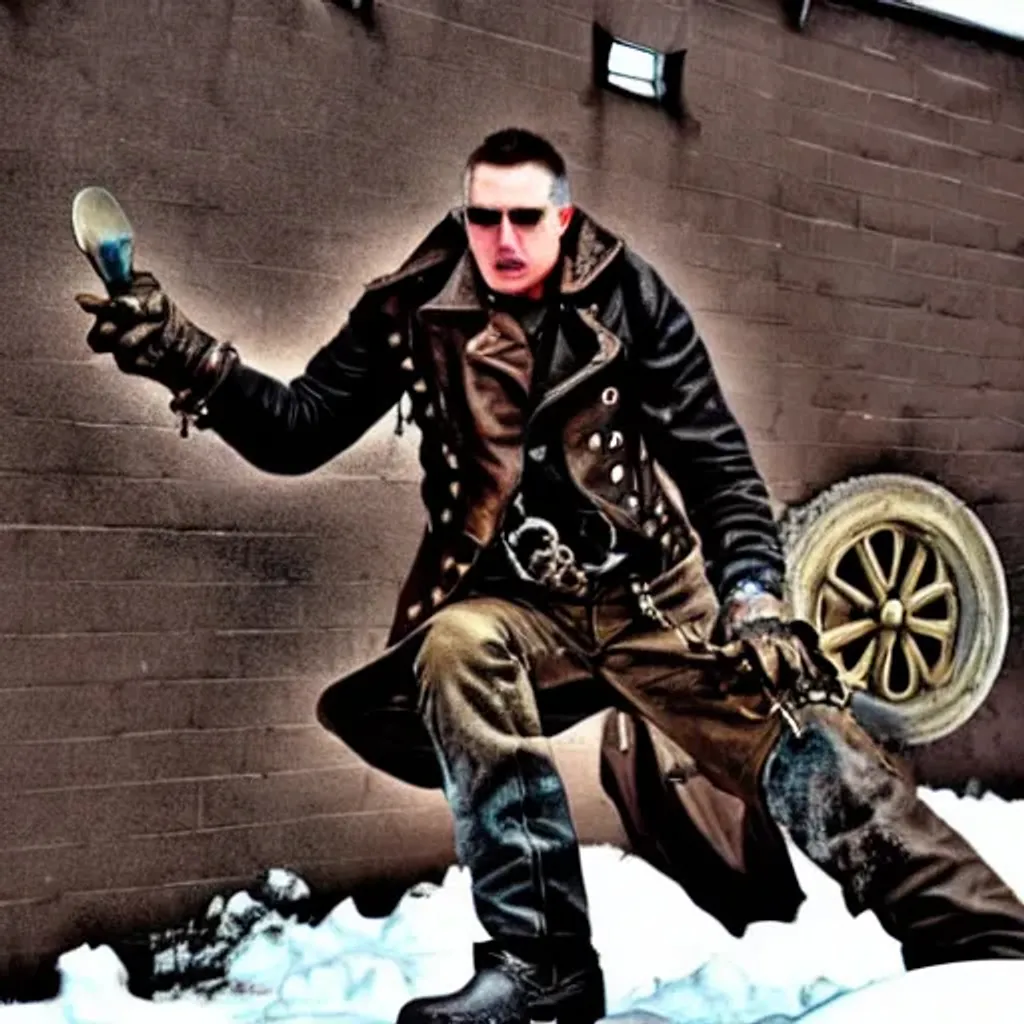 Prompt: Steampunk madmax is digging a hole in the snow to bury something 