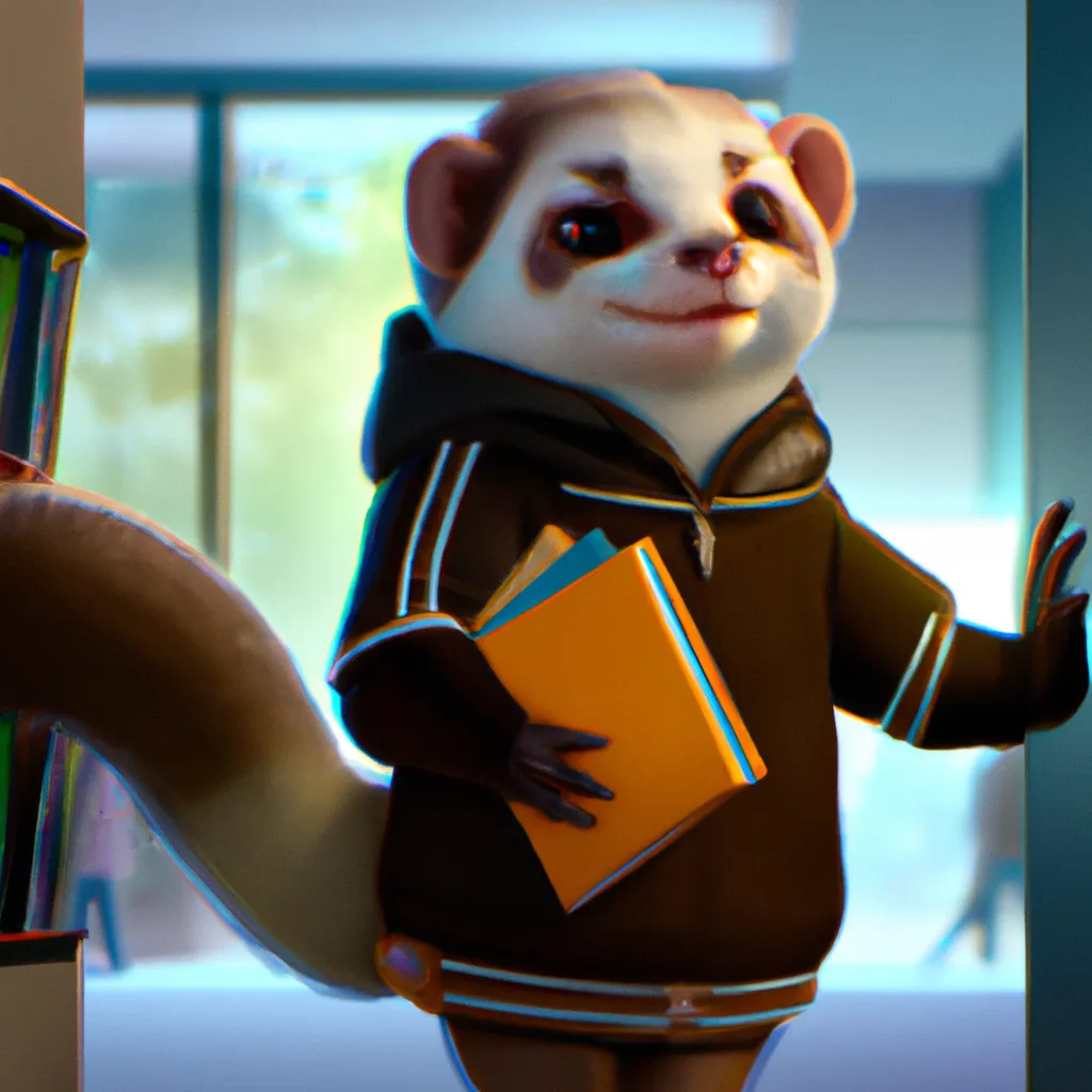 Prompt: people dressed as ferret furries, elaborate outfit 1980's high school hallway lockers digital portrait of smiling ferret holding books, cinematic lighting, digital character art trending on artstation wide angle photography flikr. science fiction scene of ferret