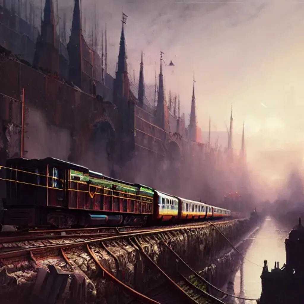 Prompt: Hyperrealistic fantasy train on a destroyed rails in a medival city,fantasy, highly detailed, digital painting, trending artstation, concept art, illustration, art by Greg Rutkowski, octane render