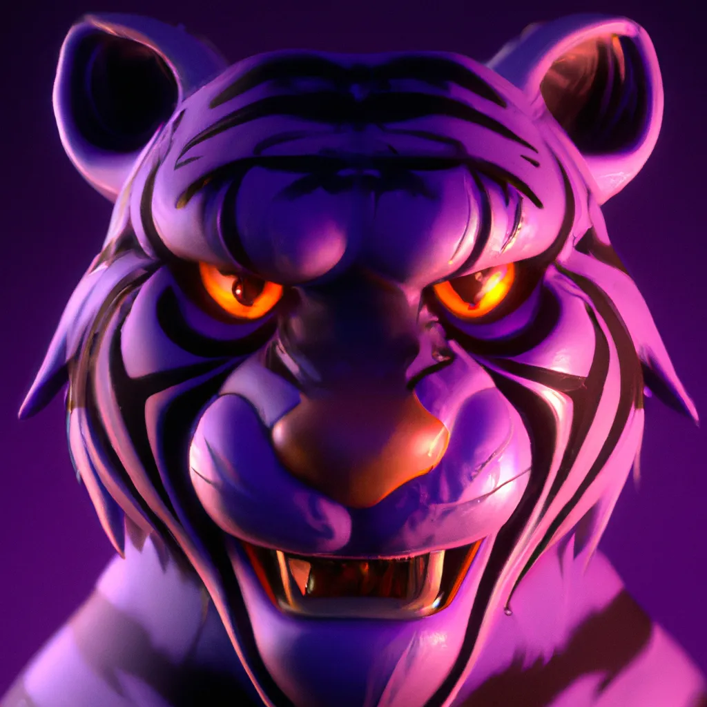 Prompt: 3D render of a smug tiger, octane 3d, zbrush, maya, cinema 4d, blender, purple backlighting