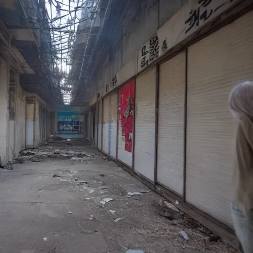 Prompt: abandoned store in south korea with people walking by, at night, liminal space